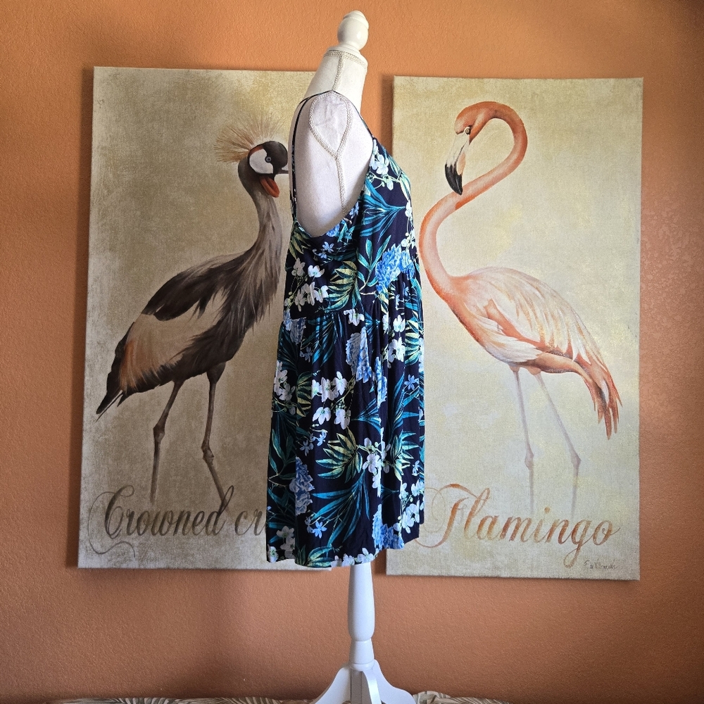 3/$25 Old Navy Stretch Sun Dress Mini Floral Strappy Navy Blue Green XXL - Picture 3 of 13